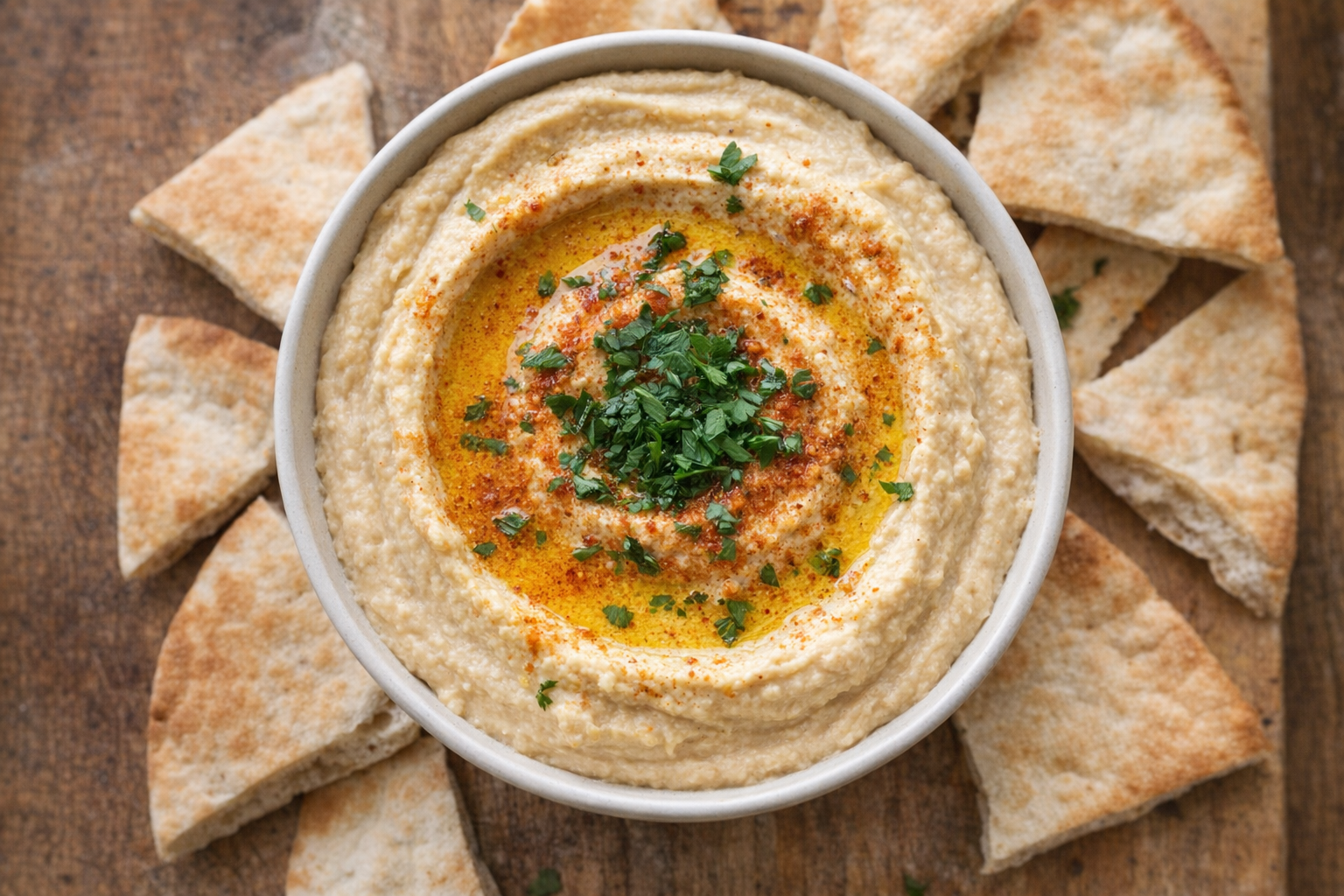A top-down shot of a bowl of homemade hummus, drizzled with olive oil, sprinkled with paprika, and garnished with fresh parsley, set against a rustic wooden background with pita bread triangles arranged around it